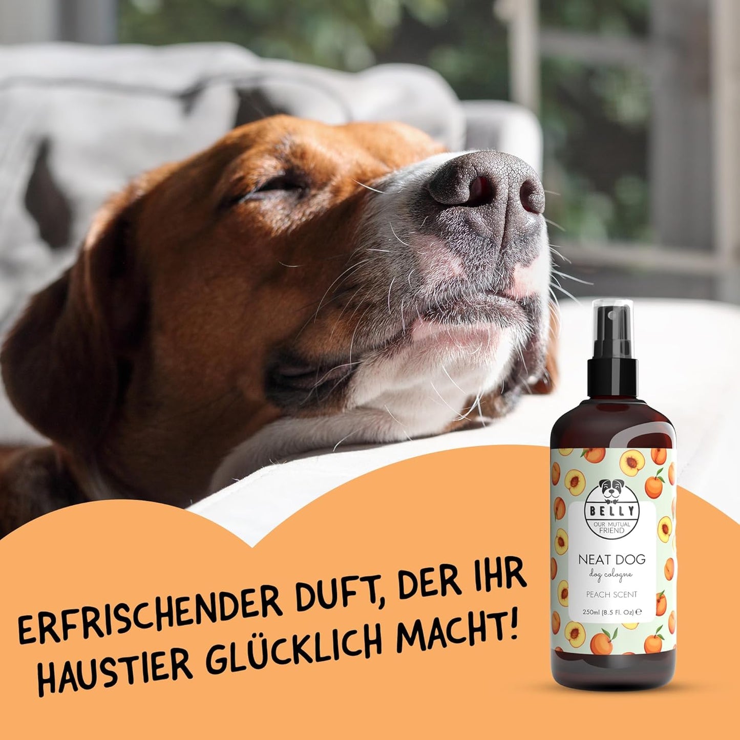 Belly® Hundeparfüm – Duftspray Für Hunde & Welpen – Parfüm Für Hunde Mit Fruchtigem Pfirsich – Spray Gegen Geruch – Ph-Neutral – Fellpflege & Hundepflege – 250Ml