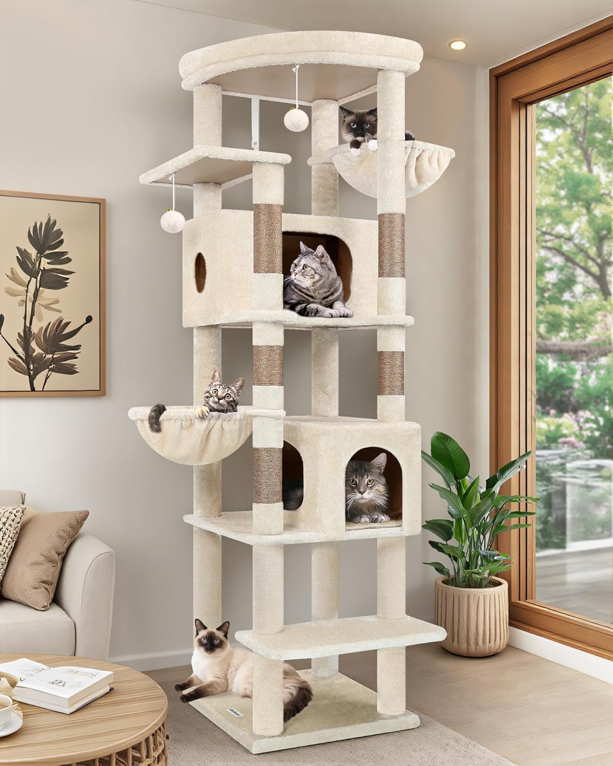 Kratzbaum Beige Große Hoch 188 Cm Mit 2 Großer Katzenhaus, Gepolsterte Plattform, 2 Katzenkorb Vergrößern, Reinigbar Katzenbaum Ecke Stabil Kippsicher Für Große Katzen Schwere (S74, Beige)