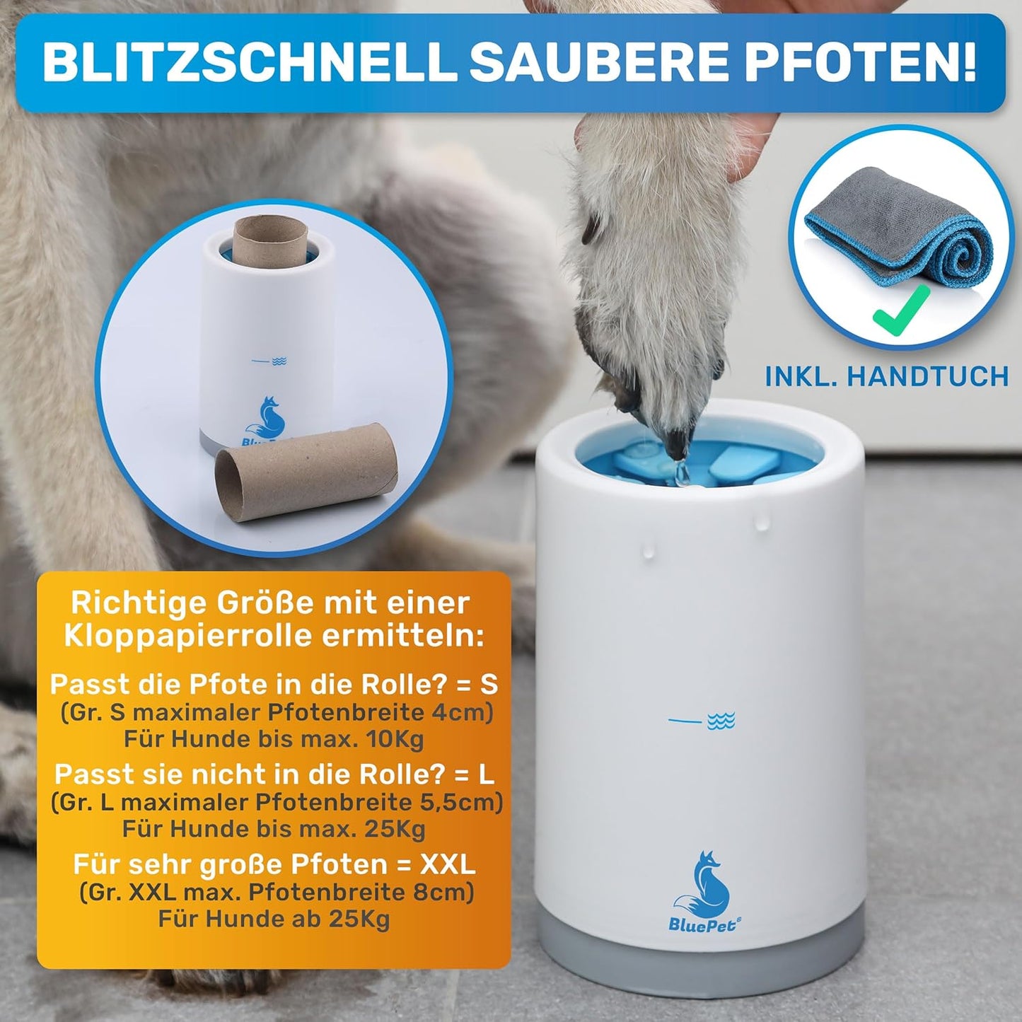 Bluepet Pfotenreiniger Für Hunde Zum Entfernen Von Dreck & Schmutz Von Hundepfoten I Inkl. Mikrofaser-Handtuch I Pfotenblitz Größe L