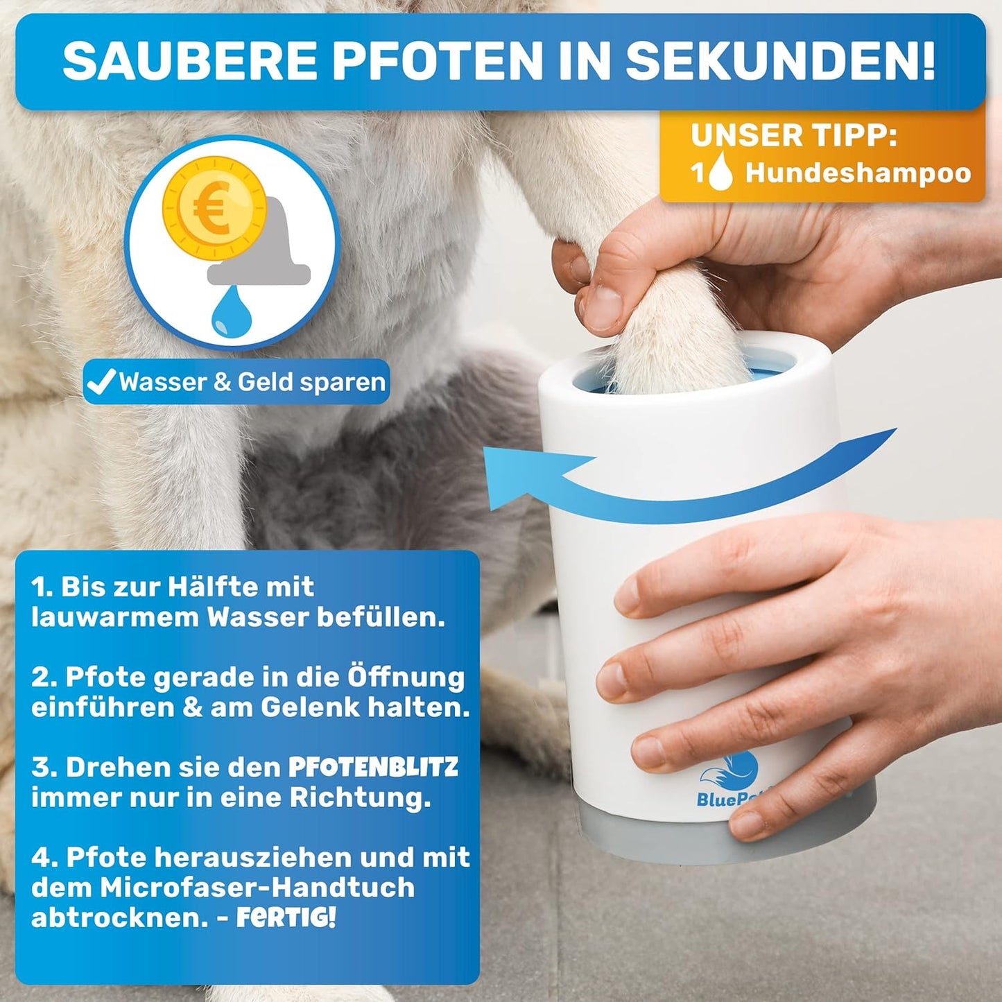 Bluepet Pfotenreiniger Für Hunde Zum Entfernen Von Dreck & Schmutz Von Hundepfoten I Inkl. Mikrofaser-Handtuch I Pfotenblitz Größe L