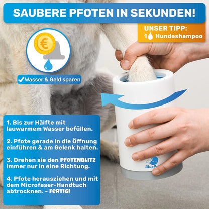 Bluepet Pfotenreiniger Für Hunde Zum Entfernen Von Dreck & Schmutz Von Hundepfoten I Inkl. Mikrofaser-Handtuch I Pfotenblitz Größe L