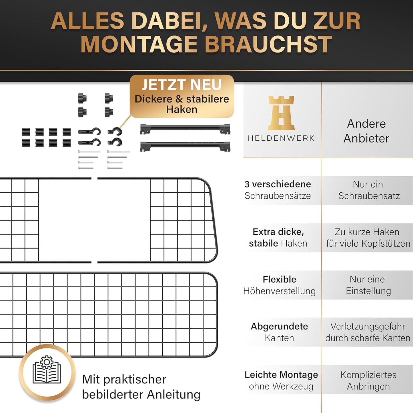 HELDENWERK Universal Kofferraum Trenngitter Für Hunde - Auto Hundegitter Zum Transport Für Deinen Hund - Schutzgitter Mit Kopfstützen-Befestigung - Stufenlos Verstellbares Kofferraumschutz Gitter