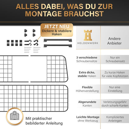 HELDENWERK Universal Kofferraum Trenngitter Für Hunde - Auto Hundegitter Zum Transport Für Deinen Hund - Schutzgitter Mit Kopfstützen-Befestigung - Stufenlos Verstellbares Kofferraumschutz Gitter