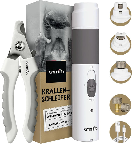 Animigo Krallenschleifer Für Hunde & Katzen Mit Krallenschere - Verschiedene Diamantkopf Größen - Elektrischer Nagelknipser - Motor Mit 2 Geschwindigkeiten & USB Anschluss - Für Alle Krallengrößen