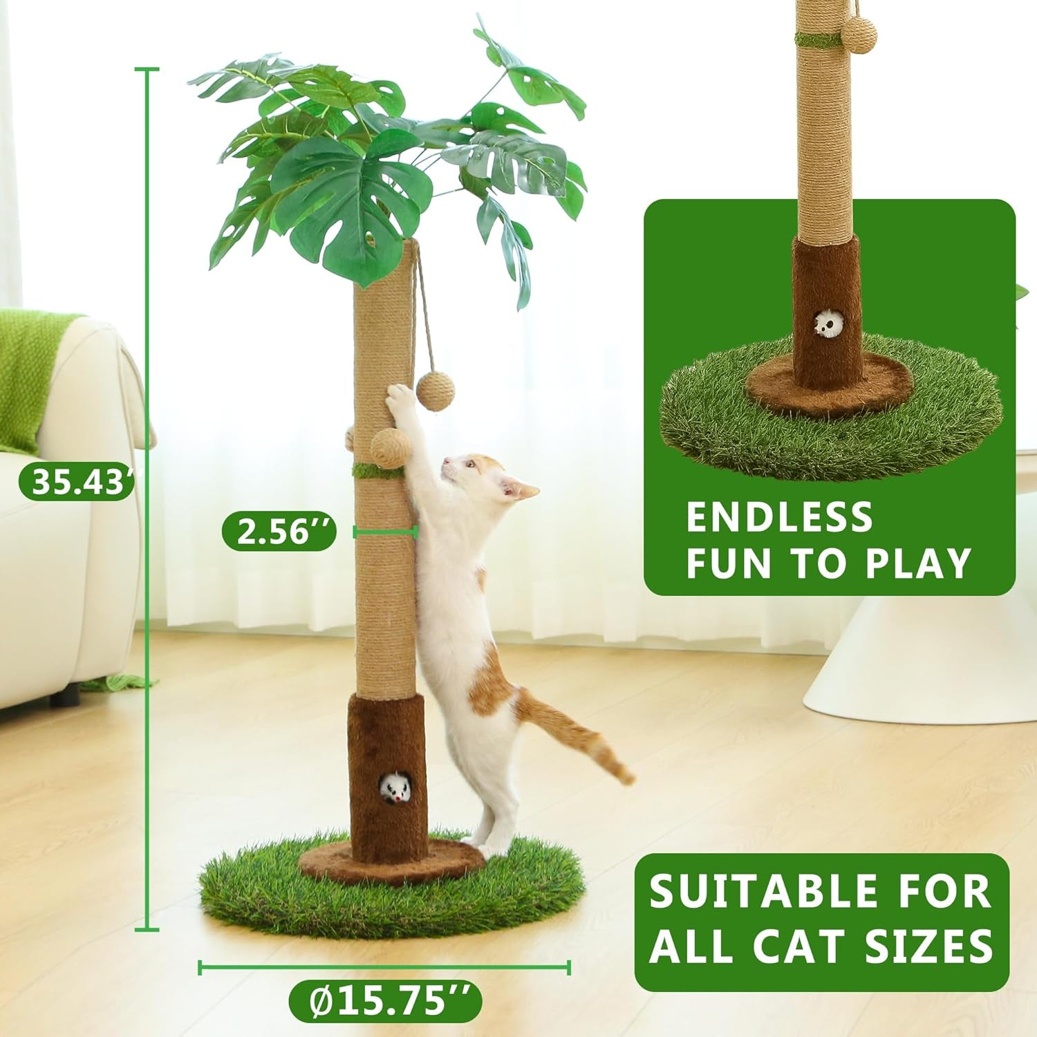 Cat Scratching Post for Indoor Cats and Kitten - 35.43" Tall Cat Scratching Post with Sisal Rope,Palm Tree Cat Scratch Post with Hanging Ball