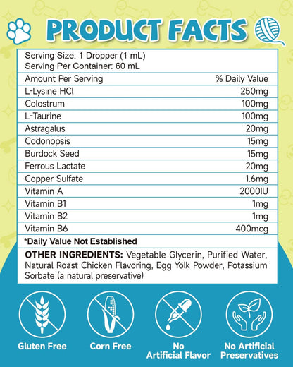 Lysin Katze - L-Lysin Tropfen Für Katzen Und Kätzchen, Kätzchen Immunsystem, Schnupfen, Linderung Von Allergien, Niesen, Nahrungsergänzungen Mit Vitaminen Und Mineralien, Kolostrum, Taurin