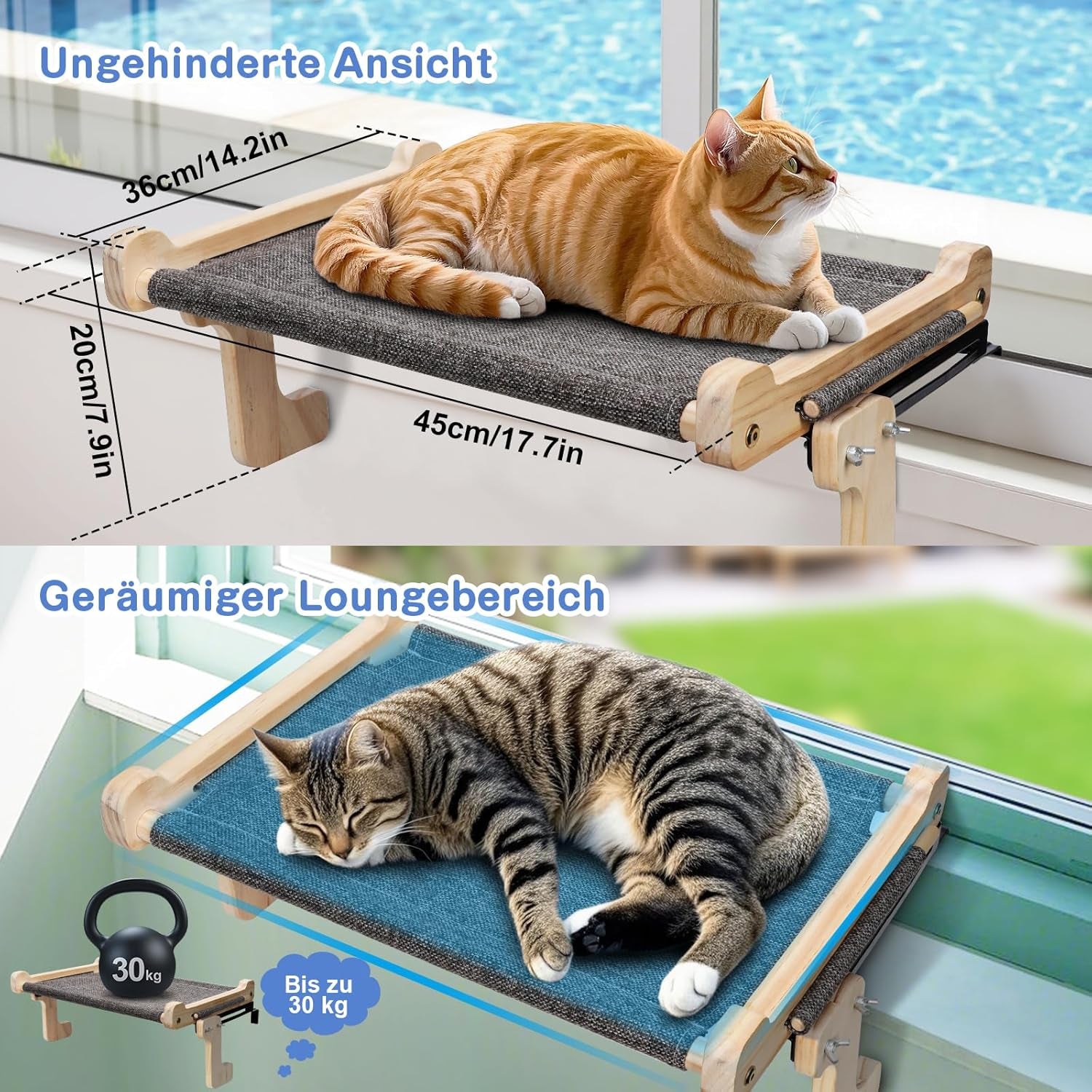 Zvonema Katzen Hängematte, Katzen Fensterliege, Stabil Groß Katzenhängematte, Holz Katzenbett Fenster Mit Abnehmbarem Dickem Bezug, Bequem Katzenbett Fensterbank, Platzsparendes Design Bis Zu 30Kg