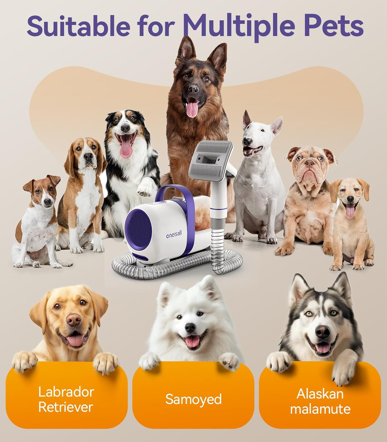 Oneisall Hundestaubsauger Mit Bürste, Super Saugkraft Mit 12000Pa, Tierhaar Staubsauger Von Der Bürste Mit Einem Knopf, Tierhaarentferner Mit 4 Pflegewerkzeugen, 1.5L