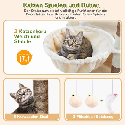 Kratzbaum Beige Große Hoch 188 Cm Mit 2 Großer Katzenhaus, Gepolsterte Plattform, 2 Katzenkorb Vergrößern, Reinigbar Katzenbaum Ecke Stabil Kippsicher Für Große Katzen Schwere (S74, Beige)