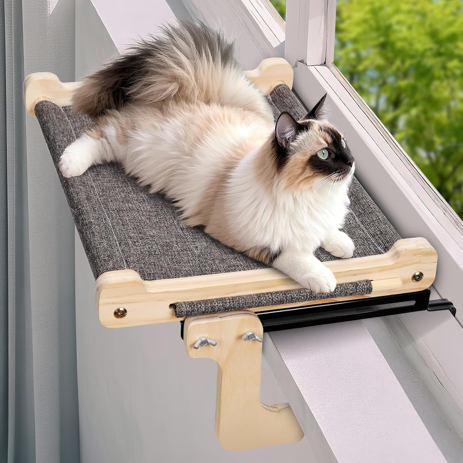 Zvonema Katzen Hängematte, Katzen Fensterliege, Stabil Groß Katzenhängematte, Holz Katzenbett Fenster Mit Abnehmbarem Dickem Bezug, Bequem Katzenbett Fensterbank, Platzsparendes Design Bis Zu 30Kg
