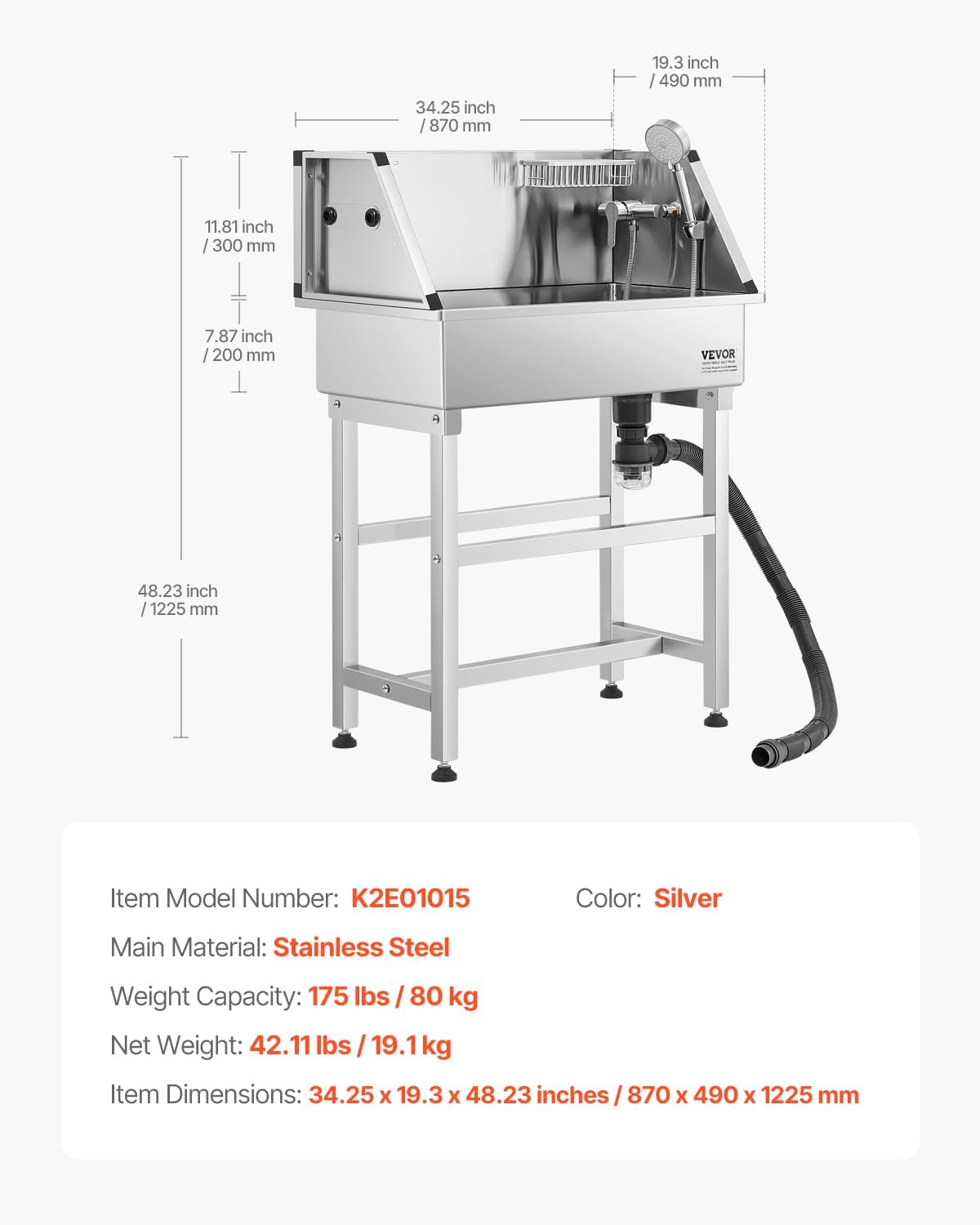 VEVOR Hundewaschstation Aus Edelstahl, 870X490X1225Mm Tierpflegewanne Mit Wasserhahn, Duschkopf, Seifenhalter & Spielbällen, Hundebadewanne Für Mehrere Haustiere, Waschbecken Für Zu Hause