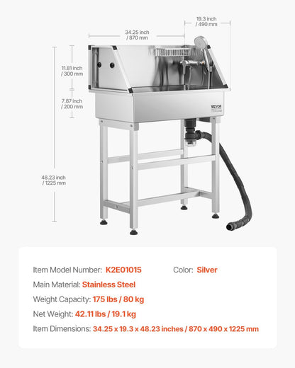 VEVOR Hundewaschstation Aus Edelstahl, 870X490X1225Mm Tierpflegewanne Mit Wasserhahn, Duschkopf, Seifenhalter & Spielbällen, Hundebadewanne Für Mehrere Haustiere, Waschbecken Für Zu Hause