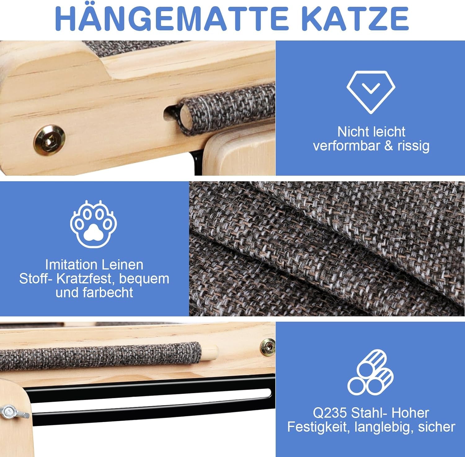 Zvonema Katzen Hängematte, Katzen Fensterliege, Stabil Groß Katzenhängematte, Holz Katzenbett Fenster Mit Abnehmbarem Dickem Bezug, Bequem Katzenbett Fensterbank, Platzsparendes Design Bis Zu 30Kg
