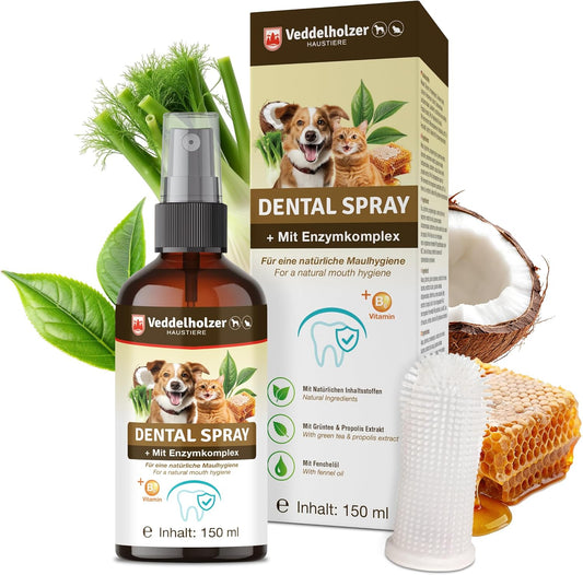 Veddelholzer 150 Ml Probiotisches Dentalspray Set Für Hunde & Katzen Mit Fingerzahnbürste & Enzymkomplex Zahnpflege Zahnsteinentferner Effektiv Gegen Mundgeruch Natürliche Zahnpflege Als Spray