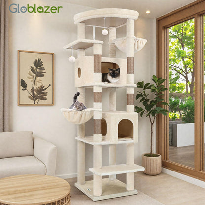 Kratzbaum Beige Große Hoch 188 Cm Mit 2 Großer Katzenhaus, Gepolsterte Plattform, 2 Katzenkorb Vergrößern, Reinigbar Katzenbaum Ecke Stabil Kippsicher Für Große Katzen Schwere (S74, Beige)
