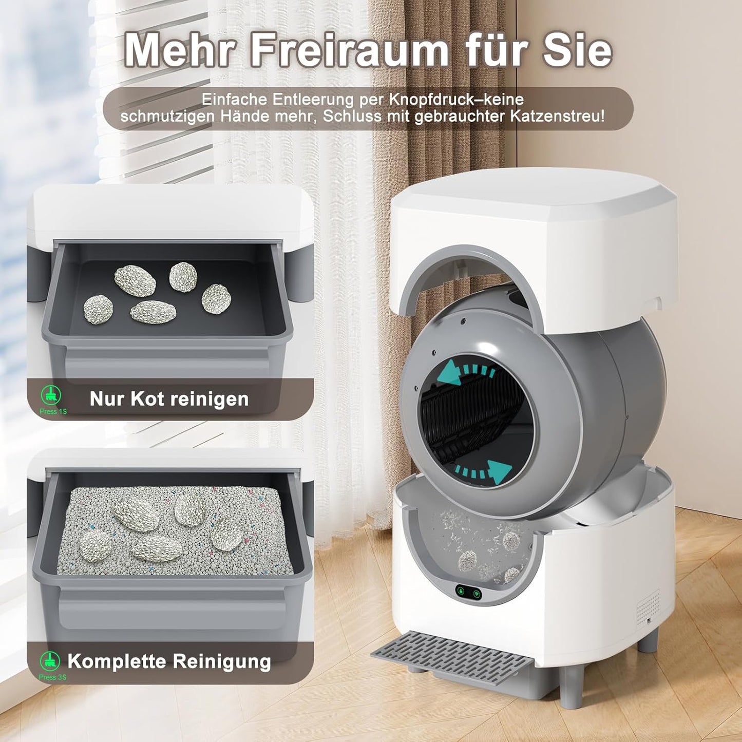 Selbstreinigende Katzentoilette 90L Großraum,  Katzenklo Selbstreinigend Mit Geruchskontrolle, APP Steuerung Und 10 Sensorsicherheit, Automatisches Katzenklofür Mehrere Katzen, Weiß