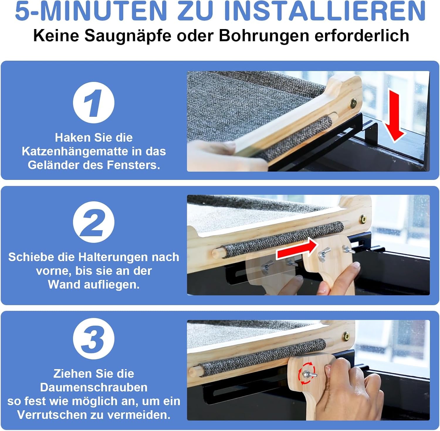 Zvonema Katzen Hängematte, Katzen Fensterliege, Stabil Groß Katzenhängematte, Holz Katzenbett Fenster Mit Abnehmbarem Dickem Bezug, Bequem Katzenbett Fensterbank, Platzsparendes Design Bis Zu 30Kg