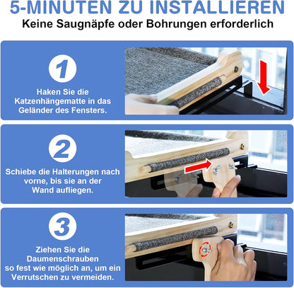 Zvonema Katzen Hängematte, Katzen Fensterliege, Stabil Groß Katzenhängematte, Holz Katzenbett Fenster Mit Abnehmbarem Dickem Bezug, Bequem Katzenbett Fensterbank, Platzsparendes Design Bis Zu 30Kg