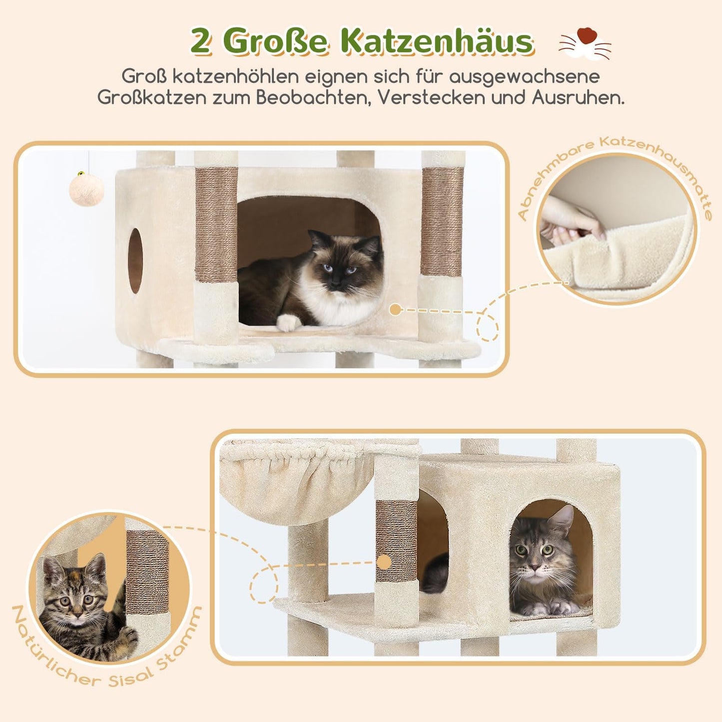 Kratzbaum Beige Große Hoch 188 Cm Mit 2 Großer Katzenhaus, Gepolsterte Plattform, 2 Katzenkorb Vergrößern, Reinigbar Katzenbaum Ecke Stabil Kippsicher Für Große Katzen Schwere (S74, Beige)