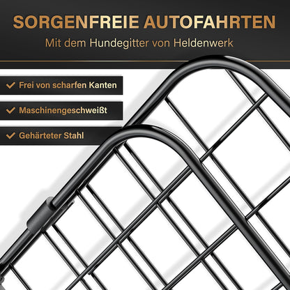 HELDENWERK Universal Kofferraum Trenngitter Für Hunde - Auto Hundegitter Zum Transport Für Deinen Hund - Schutzgitter Mit Kopfstützen-Befestigung - Stufenlos Verstellbares Kofferraumschutz Gitter