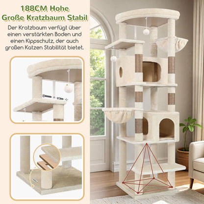 Kratzbaum Beige Große Hoch 188 Cm Mit 2 Großer Katzenhaus, Gepolsterte Plattform, 2 Katzenkorb Vergrößern, Reinigbar Katzenbaum Ecke Stabil Kippsicher Für Große Katzen Schwere (S74, Beige)