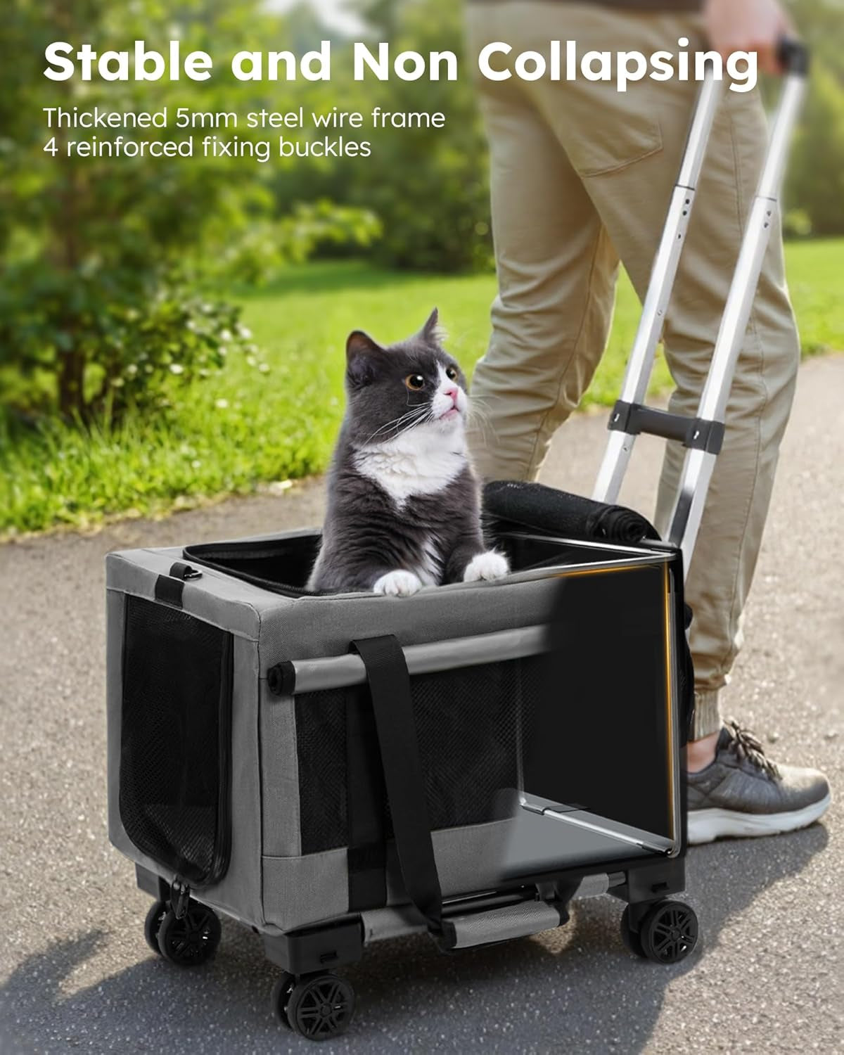Pecute Transporttasche Katze Mit Rollen 2 in 1 Bis 7 Kg, Katzen Transportboxen, Abnehmbarer Faltbarer Katzentasche Hundetrolley Mit Fenster, Hundetragetasche Schultergurt Katzenbox, Grau