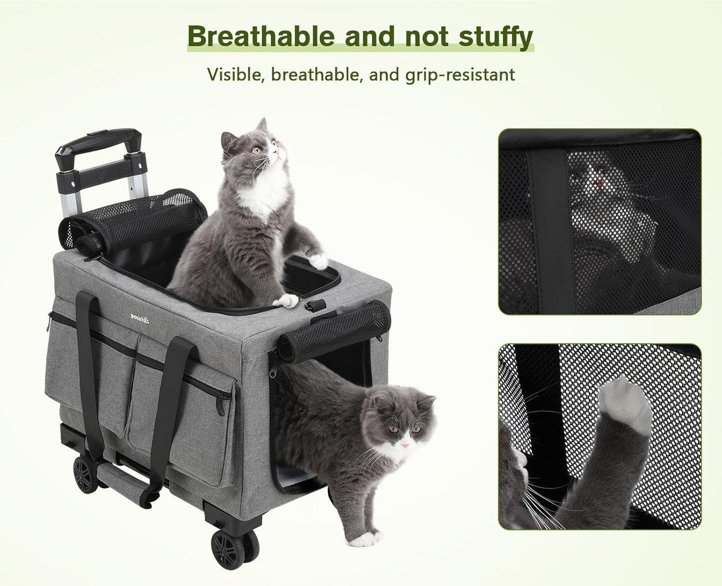 Pecute Transporttasche Katze Mit Rollen 2 in 1 Bis 7 Kg, Katzen Transportboxen, Abnehmbarer Faltbarer Katzentasche Hundetrolley Mit Fenster, Hundetragetasche Schultergurt Katzenbox, Grau