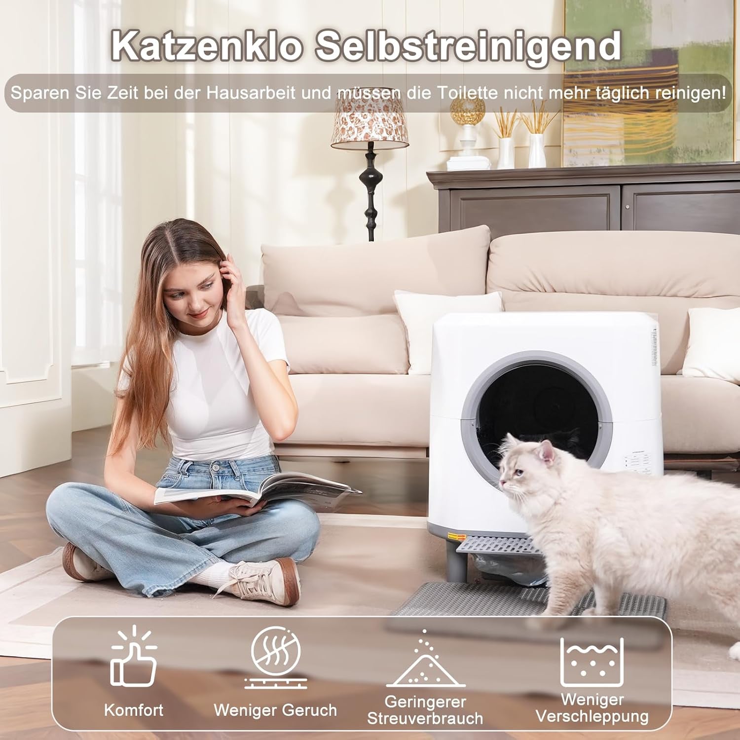 Selbstreinigende Katzentoilette 90L Großraum,  Katzenklo Selbstreinigend Mit Geruchskontrolle, APP Steuerung Und 10 Sensorsicherheit, Automatisches Katzenklofür Mehrere Katzen, Weiß