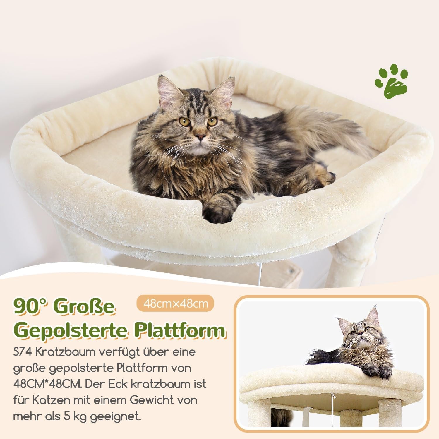 Kratzbaum Beige Große Hoch 188 Cm Mit 2 Großer Katzenhaus, Gepolsterte Plattform, 2 Katzenkorb Vergrößern, Reinigbar Katzenbaum Ecke Stabil Kippsicher Für Große Katzen Schwere (S74, Beige)