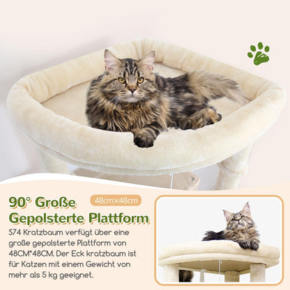Kratzbaum Beige Große Hoch 188 Cm Mit 2 Großer Katzenhaus, Gepolsterte Plattform, 2 Katzenkorb Vergrößern, Reinigbar Katzenbaum Ecke Stabil Kippsicher Für Große Katzen Schwere (S74, Beige)
