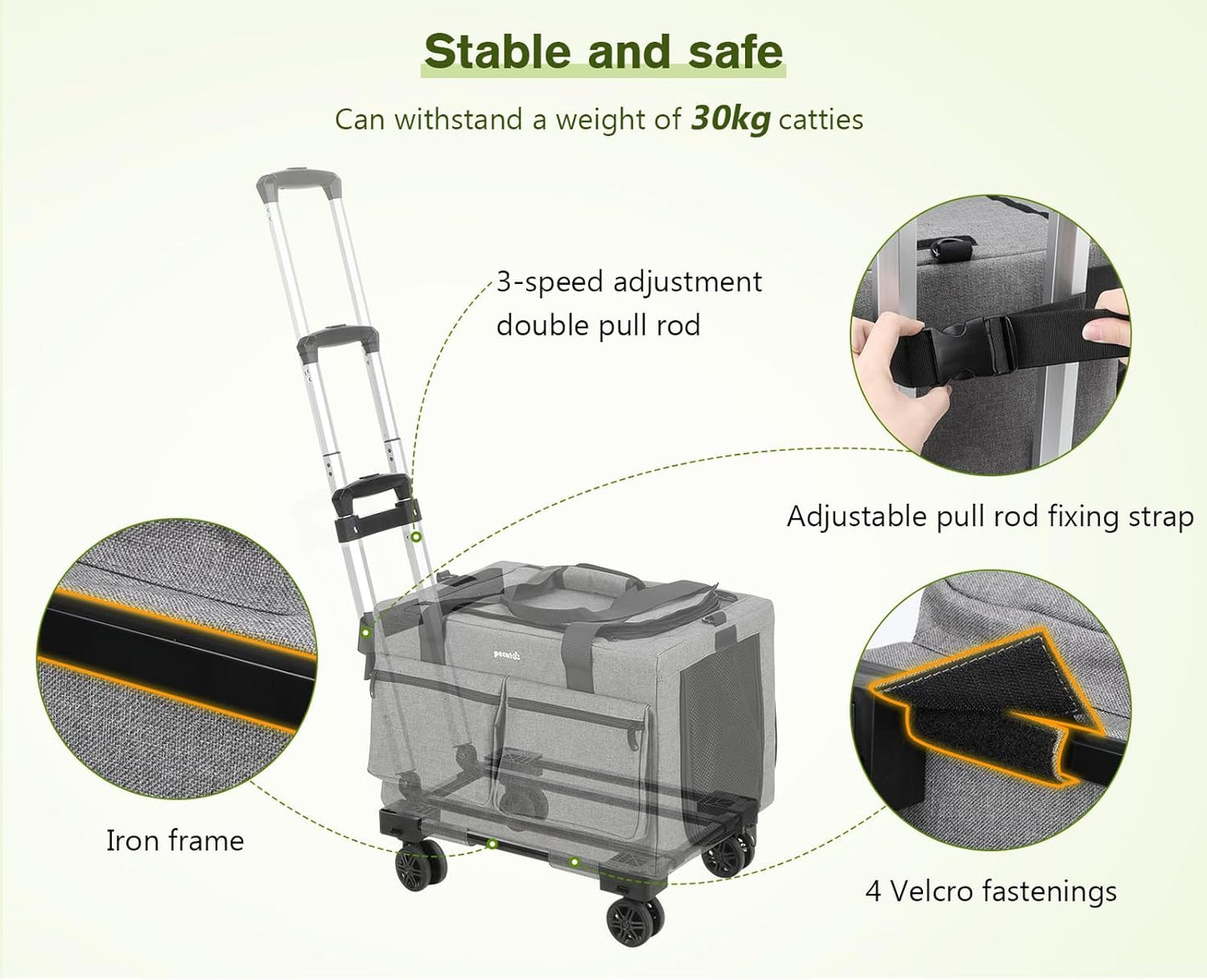 Pecute Transporttasche Katze Mit Rollen 2 in 1 Bis 7 Kg, Katzen Transportboxen, Abnehmbarer Faltbarer Katzentasche Hundetrolley Mit Fenster, Hundetragetasche Schultergurt Katzenbox, Grau