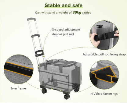 Pecute Transporttasche Katze Mit Rollen 2 in 1 Bis 7 Kg, Katzen Transportboxen, Abnehmbarer Faltbarer Katzentasche Hundetrolley Mit Fenster, Hundetragetasche Schultergurt Katzenbox, Grau