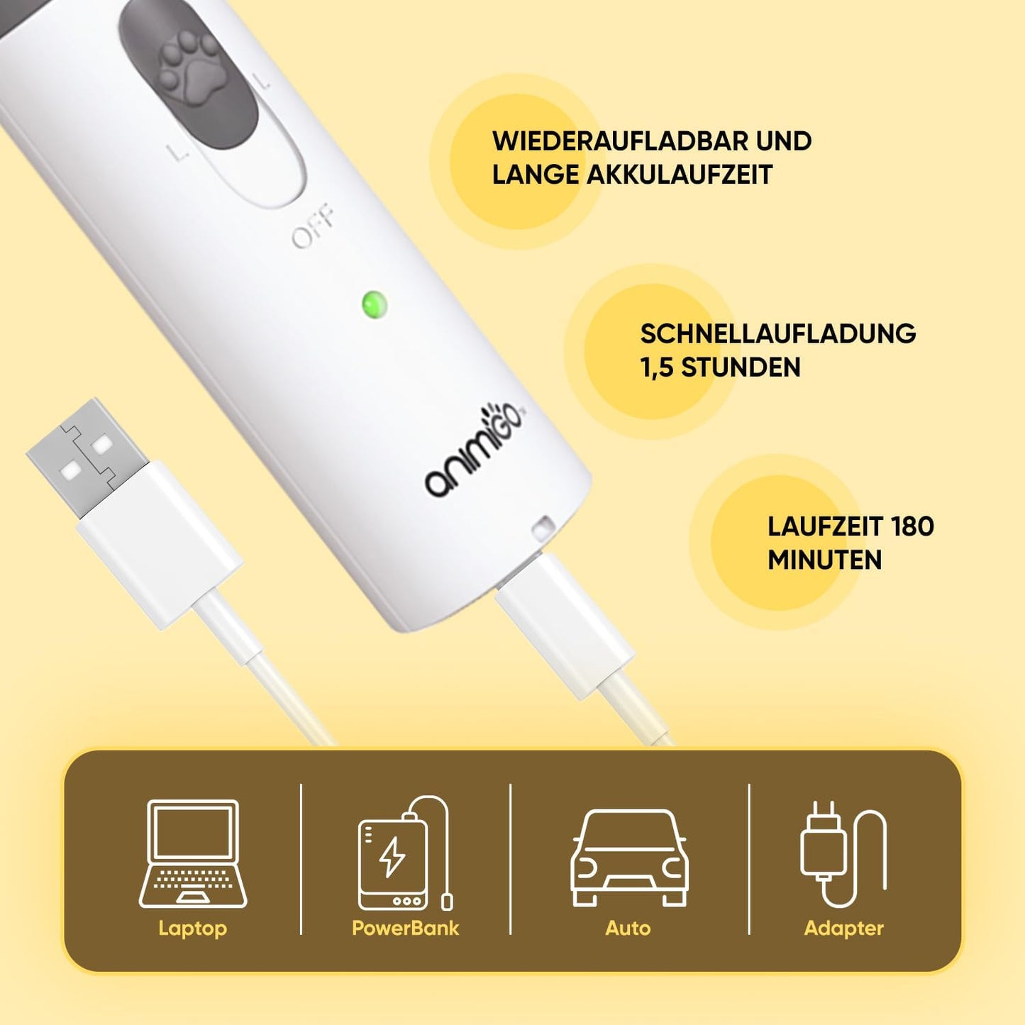 Animigo Krallenschleifer Für Hunde & Katzen Mit Krallenschere - Verschiedene Diamantkopf Größen - Elektrischer Nagelknipser - Motor Mit 2 Geschwindigkeiten & USB Anschluss - Für Alle Krallengrößen