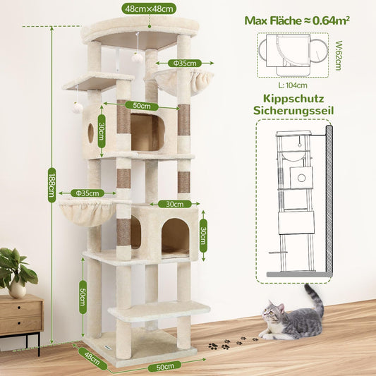 Kratzbaum Beige Große Hoch 188 Cm Mit 2 Großer Katzenhaus, Gepolsterte Plattform, 2 Katzenkorb Vergrößern, Reinigbar Katzenbaum Ecke Stabil Kippsicher Für Große Katzen Schwere (S74, Beige)