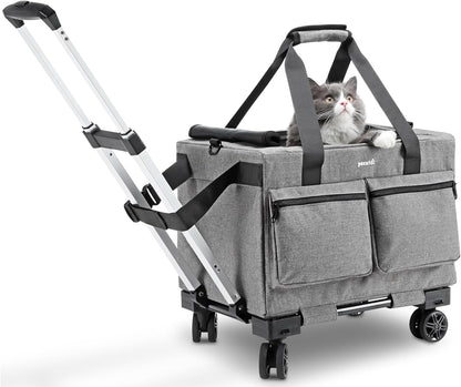 Pecute Transporttasche Katze Mit Rollen 2 in 1 Bis 7 Kg, Katzen Transportboxen, Abnehmbarer Faltbarer Katzentasche Hundetrolley Mit Fenster, Hundetragetasche Schultergurt Katzenbox, Grau
