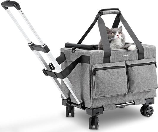 Pecute Transporttasche Katze Mit Rollen 2 in 1 Bis 7 Kg, Katzen Transportboxen, Abnehmbarer Faltbarer Katzentasche Hundetrolley Mit Fenster, Hundetragetasche Schultergurt Katzenbox, Grau
