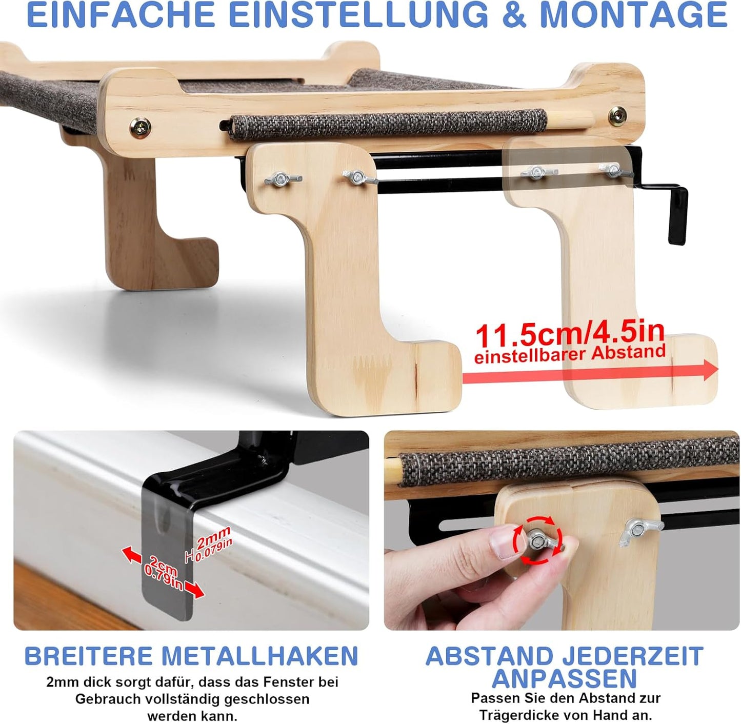 Zvonema Katzen Hängematte, Katzen Fensterliege, Stabil Groß Katzenhängematte, Holz Katzenbett Fenster Mit Abnehmbarem Dickem Bezug, Bequem Katzenbett Fensterbank, Platzsparendes Design Bis Zu 30Kg
