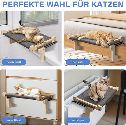 Zvonema Katzen Hängematte, Katzen Fensterliege, Stabil Groß Katzenhängematte, Holz Katzenbett Fenster Mit Abnehmbarem Dickem Bezug, Bequem Katzenbett Fensterbank, Platzsparendes Design Bis Zu 30Kg